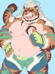  2020 anthro belly blue_eyes bottomwear clothing felid hi_res hombretigre humanoid_hands kemono m0000rgn male mammal moobs navel nipples one_eye_closed overweight overweight_anthro overweight_male pantherine shorts simple_background solo tiger tokyo_afterschool_summoners video_games wink 