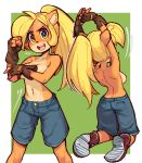  2020 4_fingers activision alpha_channel anthro arms_above_head bandicoot blonde_hair bottomwear breasts clothed clothing coco_bandicoot crash_bandicoot_(series) female fingerless_gloves fingers footwear gloves green_eyes hair handwear hi_res long_hair mammal marsupial open_mouth shorts side_boob solo topless video_games wamudraws 