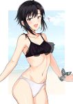  1girl :d ahoge bangs bare_arms bare_shoulders bikini black_bikini black_hair blue_sky blush breasts cleavage cloud cowboy_shot day earrings eyebrows_visible_through_hair heart highres hoop_earrings idolmaster idolmaster_(classic) jewelry kikuchi_makoto layered_bikini looking_at_viewer mismatched_bikini navel ocean open_mouth outside_border purple_eyes ribbon see-through short_hair sky small_breasts smile solo stomach swimsuit tsurui water white_bikini wrist_ribbon 