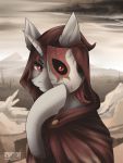  2019 3:4 absurd_res cloak clothing desert equid equine fan_character feral fur grey_body grey_fur hasbro hi_res horn looking_at_viewer male mammal mane mask my_little_pony portrait red_eyes red_mane solo sparklyon3 unicorn 