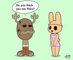  animal_crossing animate_inanimate anthro antlers cartoon_network clothing coco_(animal_crossing) crossed_arms dialogue dress duo female footwear gyroid horn lagomorph leporid mammal nintendo penny_fitzgerald rabbit shoes signature simple_background speech_bubble the_amazing_world_of_gumball tonytoran video_games 