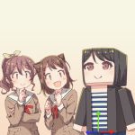  3girls :d arrow_(symbol) ayasaka bang_dream! bangs black_hair black_jacket brown_dress brown_hair clenched_hands commentary_request dress hair_ornament hair_ribbon hanasakigawa_school_uniform hand_on_own_chin hands_up jacket long_sleeves minecraft multiple_girls neck_ribbon open_mouth ponytail red_neckwear ribbon sailor_dress school_uniform shirt short_hair sidelocks smile star_(symbol) star_hair_ornament striped striped_shirt tan_background toyama_kasumi tsukishima_marina upper_body yamabuki_saaya yellow_ribbon |_| 