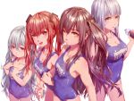  404_(girls_frontline) 4girls absurdres bottle breasts brown_hair cleavage g11_(girls_frontline) girls_frontline grey_hair highres hk416_(girls_frontline) large_breasts multiple_girls one-piece_swimsuit ren_huozhe scar scar_across_eye school_swimsuit siblings silver_hair sisters small_breasts swimsuit twins ump45_(girls_frontline) ump9_(girls_frontline) 