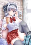  1girl akino_irori alternate_costume bag bangs blue_eyes blush bow bowtie breasts bubble_tea commentary_request cup curtains disposable_cup drinking_straw eyebrows_visible_through_hair feet_out_of_frame grey_legwear hair_ribbon hand_in_hair highres indoors knee_up konpaku_youmu large_breasts leg_lift looking_at_viewer on_bed open_mouth pillow plaid plaid_neckwear plaid_skirt red_neckwear red_skirt ribbon school_bag school_uniform shirt short_hair short_sleeves silver_hair sitting skirt smile solo speaker thighhighs touhou upper_teeth wallpaper_(object) white_shirt window 