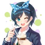  1girl ;d bangs black_hair black_jacket blazer blue_eyes blue_ribbon blush collared_shirt cup diagonal-striped_neckwear diagonal_stripes disposable_cup drinking_straw eyebrows_visible_through_hair green_neckwear hair_ribbon highres holding holding_cup holding_drinking_straw holmemee jacket kanojo_okarishimasu long_sleeves looking_at_viewer necktie one_eye_closed open_blazer open_clothes open_jacket open_mouth polka_dot_ribbon ribbon sarashina_ruka shirt short_hair smile solo striped striped_neckwear swept_bangs upper_body upper_teeth white_background white_shirt 