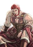  1boy bara bare_shoulders beard cape chest cleavage_cutout facial_hair fate/grand_order fate/zero fate_(series) highres iori0371 iskandar_(fate) leather male_focus manly muscle pectorals red_eyes red_hair smile solo 