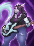  2020 3:4 big_breasts black_hair blue_body blue_fur bottomwear breasts cleavage clothed clothing electric_guitar female fur green_eyes grey_body grey_fur guitar hair hi_res highlights_(coloring) jeans liepard logo long_hair lurking_tyger morana_liepard musical_instrument nintendo pants plucked_string_instrument pok&eacute;mon pok&eacute;mon_(species) punk purple_highlights shirt solo string_instrument thick_thighs topwear torn_bottomwear torn_clothing torn_pants torn_shirt torn_topwear video_games white_body white_fur wide_hips 