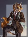  2019 3:4 absurd_res anthro blonde_mane blue_eyes bottomwear clothing equid equine fan_character fur gloves handwear hasbro hi_res horn jacket male mammal mane my_little_pony necktie pants portrait simple_background solo sparklyon3 tan_body tan_fur topwear unicorn yellow_tail 