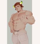  1boy abs animal_ears bangs bara beard brown_hair bulge chest facial_hair forked_eyebrows glowing_horns highres horns impossible_clothes kn looking_at_viewer male_focus manly muscle nipples pectoral_grab pectorals shirtless simple_background solo sportswear thick_eyebrows thick_thighs thighs tokyo_houkago_summoners upper_body wakan_tanka 