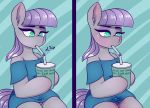  absurd_res anon_1515 beverage blush bodily_fluids clothed clothing comic english_text equid equine female friendship_is_magic fur genital_fluids grey_body grey_fur hi_res mammal maud_pie_(mlp) my_little_pony pussy_juice sitting solo text 