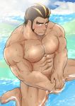  1boy abs absurdres antenna_hair bad_id bad_twitter_id bara black_hair blonde_hair blush body_hair chest_hair facial_hair hairy highres large_pectorals long_sideburns looking_at_viewer male_focus multicolored_hair muscular muscular_male nipples pectorals raineru_(gryffindor131) sideburns solo streaked_hair stubble tearing_up thick_eyebrows thighs tokyo_afterschool_summoners water yamasachihiko_(housamo) 
