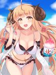  1girl ahoge anila_(granblue_fantasy) arlonn bangs bare_shoulders belly_chain bikini black_bikini blonde_hair blue_sky blush breasts cleavage collarbone cup detached_sleeves draph granblue_fantasy horns jewelry large_breasts layered_bikini leaning_forward long_hair looking_at_viewer navel open_mouth shaved_ice sheep_horns short_eyebrows sky smile spoon swimsuit thighs very_long_hair white_bikini wide_sleeves yellow_eyes 