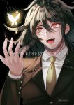  1boy artist_name bangs brown_jacket bug butterfly commentary_request danganronpa dated glasses gokuhara_gonta hair_between_eyes happy_birthday insect jacket layered_sleeves long_hair long_sleeves male_focus necktie new_danganronpa_v3 open_mouth orange_neckwear sakuyu school_uniform shirt solo upper_body upper_teeth white_shirt 