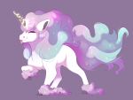  4:3 black_inner_ear blue_hair equid equine eyelashes eyes_closed feral galarian_ponyta hair hi_res highlights_(coloring) hooves horn inner_ear_fluff magic mammal multicolored_hair nintendo pink_hair pok&eacute;mon pok&eacute;mon_(species) ponyta purple_background regional_form_(pok&eacute;mon) simple_background solo tongue tuft uunicornicc video_games white_body 