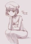  1girl character_name clothes_writing commentary_request dated feet_out_of_frame hand_on_own_chin hat kantai_collection looking_at_viewer monochrome nao_(nao_eg) sailor_bikini sailor_collar sailor_hat sepia short_hair sitting solo twitter_username z3_max_schultz_(kantai_collection) 