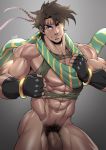  1boy abs absurdres bara blue_eyes brown_hair chest flaccid gloves headband highres jojo_no_kimyou_na_bouken joseph_joestar_(young) looking_at_viewer male_focus muscle nipples nude pectorals penis scarf solo suyobara thick_thighs thighs torn_clothes upper_body veins veiny_penis 