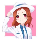  1girl absurdres blue_shirt collared_shirt dress_shirt formal handkerchief hat hatband highres holding holding_clothes holding_hat necktie original pink_background red_eyes red_hair rojogarnina shirt simple_background smile solo suit white_background white_neckwear white_suit 