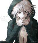  1boy bangs commentary_request danganronpa dated green_eyes green_jacket grey_background hair_between_eyes hands_up happy_birthday hood hooded_jacket hoodie jacket komaeda_nagito long_sleeves male_focus medium_hair open_clothes open_jacket open_mouth own_hands_together sakuyu shirt sleeves_past_wrists smile solo super_danganronpa_2 white_hair white_shirt 