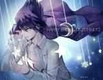  1boy artist_name beard chest commentary_request danganronpa dated eyebrows_visible_through_hair facial_hair goatee happy_birthday holding holding_clothes holding_jacket jacket long_hair long_sleeves male_focus momota_kaito new_danganronpa_v3 purple_eyes purple_hair sakuyu school_uniform shirt smile solo spiked_hair star_(symbol) starry_background white_shirt 