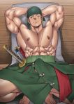  1boy abs absurdres armpits arms_behind_head bandana bara barefoot bulge chest earrings highres jewelry katana looking_at_viewer male_focus muscle nipples one_eye_closed one_piece pectorals penis_peek roronoa_zoro scar scar_across_eye shirtless signature solo stitches suyobara sword upper_body weapon 