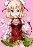  alice_margatroid bandaged_arm bandages blonde_hair blue_eyes blush bun_cover chain cosplay cowboy_shot cuffs double_bun eyebrows_visible_through_hair flower green_skirt highres ibaraki_kasen ibaraki_kasen_(cosplay) looking_at_viewer nose_blush open_mouth pink_background pink_flower pink_rose ribbon rose ruu_(tksymkw) shackles shirt short_sleeves simple_background skirt sweatdrop tabard toilet_paper touhou white_shirt 