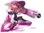  1girl arm_up ballpoint_splatling_(splatoon) black_footwear black_legwear blue_shirt closed_mouth dark_skin domino_mask english_commentary flat_chest from_side full_body hand_up happy highres holding holding_weapon ink_tank_(splatoon) inkling jumping leggings looking_back mask miitara paint pink_hair pink_headwear pointy_ears purple_eyes shiny shiny_hair shirt shoes short_hair short_sleeves simple_background smile solo splatoon_(series) splatter tentacle_hair tentacles visor_cap weapon white_background 