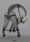  anthro anus ball_gag balls bdsm bondage bound butt chastity_cage chastity_device collar divenka gag genitals hi_res keinos male raised_tail shalinka solo spreader_bar 