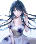  1girl alternate_costume artist_name bangs bare_shoulders blue_eyes blue_hair breasts collarbone commentary_request danganronpa danganronpa_1 detached_sleeves dress floating_hair floral_print grey_background light_blue_hair long_hair looking_at_viewer lower_teeth maizono_sayaka medium_breasts multicolored_hair open_mouth sakuyu sleeveless sleeveless_dress solo two-tone_hair upper_teeth white_dress 