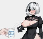  1girl black_blindfold black_dress black_gloves black_hairband blindfold blush breast_milk breasts cleavage cleavage_cutout covered_eyes cup dress english_commentary feather-trimmed_sleeves feather_trim gloves godekasu hairband hands highres holding holding_cup juliet_sleeves lactating_into_cup lactation long_sleeves milk mole mole_under_mouth mug nier_(series) nier_automata nipples one_breast_out puffy_sleeves short_hair silver_hair thighs yorha_no._2_type_b 