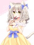  1girl animal_ear_fluff animal_ears bangs bare_shoulders blue_bow blush bow breasts bubble_tea cat_ears cat_girl cat_tail collarbone commentary_request cup disposable_cup dress drinking drinking_straw eyebrows_visible_through_hair grey_hair hair_between_eyes hair_bow heart highres holding holding_cup jewelry long_hair necklace off-shoulder_dress off_shoulder original pearl_necklace polka_dot polka_dot_background polka_dot_dress shikito small_breasts solo tail two_side_up white_background yellow_dress yellow_eyes 