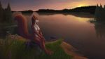  16:9 2018 anthro breasts brown_body brown_fur cloud detailed_background female flower fluffy fluffy_tail fur grass hi_res lake mammal multicolored_body multicolored_fur nipples nude outside plant rock rodent sciurid sitting sky solo sunset tree two_tone_body two_tone_fur ukon_vasara water white_body white_fur widescreen 