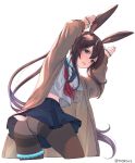  1girl amiya_(arknights) amopui animal_ears arknights ascot bangs blue_eyes blue_sailor_collar blue_skirt blurry brown_hair brown_jacket bunny_ears bunny_pose commentary_request cowboy_shot hair_between_eyes highres jacket long_hair long_sleeves looking_at_viewer midriff_peek miniskirt open_clothes open_jacket open_mouth pantyhose red_neckwear sailor_collar sailor_shirt school_uniform serafuku shirt simple_background skirt solo standing thighband_pantyhose thighlet thighs twisted_torso white_background 