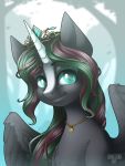  2019 3:4 absurd_res black_body black_feathers black_fur black_wings crown equid equine fan_character feathered_wings feathers female feral forest fur green_mane hasbro hi_res horn jewelry mammal mane multicolored_mane my_little_pony necklace portrait red_mane solo sparklyon3 teal_eyes tiara tree unicorn wings 