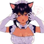  1girl animal_ears black_hair blush breasts cat_ears cleavage commentary dark_skin elbow_gloves eyebrows_visible_through_hair gloves konbu_wakame large_breasts lilith_(saikin_yatotta_maid_ga_ayashii) looking_at_viewer maid maid_headdress mole mole_on_breast mole_under_eye open_mouth purple_eyes saikin_yatotta_maid_ga_ayashii short_hair solo speech_bubble translated white_gloves 