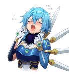  1girl acso armor bangs blue_hair blush breastplate commentary_request earrings elbow_gloves gem gloves hair_between_eyes hair_ornament hands_up highres jewelry magic open_mouth ryona saliva short_hair shoulder_armor simple_background sinon_(solus) solo strangling sword_art_online sword_art_online:_alicization translation_request upper_body upper_teeth white_background white_gloves 
