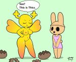  animal_crossing animate_inanimate anthro antlers breasts cartoon_network clothing coco_(animal_crossing) dialogue dress duo fairy female genitals gyroid hand_on_hip horn lagomorph leporid mammal navel nintendo nipples penny_fitzgerald pussy rabbit signature simple_background speech_bubble the_amazing_world_of_gumball thick_thighs tonytoran video_games wings 