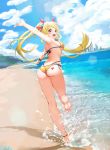  1girl absurdres anklet arm_up armpits ass back bang_dream! bare_legs barefoot beach bikini blonde_hair blue_sky blush cloud day english_commentary feet from_behind hair_ribbon heart highres jewelry kim_hyun-kyung legs long_hair looking_at_viewer looking_back ocean open_mouth outdoors ribbon sand side-tie_bikini sky smile soles solo standing standing_on_one_leg swimsuit thong toes tsurumaki_kokoro twintails very_long_hair water yellow_bikini yellow_eyes 