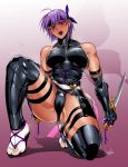  1girl abs alternate_costume ass_visible_through_thighs ayane_(doa) black_gloves black_leotard blue_headband blush bowalia breasts cameltoe covered_navel cross-laced_sandals dead_or_alive detached_leggings dual_wielding elbow_gloves fingerless_gloves fishnet_gloves fishnet_top fishnets full_body gloves greaves headband holding jewelry kneeling large_breasts leotard lips lipstick makeup muscle muscular_female necklace ninja ninja_gaiden ninjatou one_knee open_mouth over-kneehighs purple_hair red_eyes reverse_grip sandals sash short_sword signature skin_tight solo spread_legs sword tabi thick_thighs thigh_strap thighhighs thighs turtleneck_leotard weapon white_legwear 