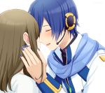  1boy 1girl absurdres blue_hair blue_nails blue_scarf brown_hair closed_eyes coat commentary forehead-to-forehead hand_on_another&#039;s_head headset highres hug kaito kaito_(vocaloid3) master_(vocaloid) medium_hair nokuhashi open_mouth scarf shirt smile upper_body vocaloid white_background white_coat white_shirt zipper 