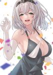  1girl absurdres bare_shoulders blush breasts cleavage dress elbow_gloves gloves green_eyes highres hololive hololive_fantasy large_breasts mole mole_on_breast open_mouth shiro_osushi shirogane_noel short_hair silver_hair solo virtual_youtuber 