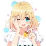  1girl ;d bangs blonde_hair blue_eyes blush earrings eyebrows_visible_through_hair food fork hair_between_eyes hand_on_own_face hand_up highres holding holding_fork holmemee jewelry kanojo_okarishimasu nail_polish nanami_mami one_eye_closed open_mouth pink_nails shirt short_hair short_sleeves smile solo upper_teeth white_background white_shirt 