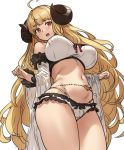  1girl ahoge anila_(granblue_fantasy) bangs bare_shoulders belly_chain bikini blonde_hair breasts breasts_apart draph eyebrows_visible_through_hair granblue_fantasy highres horns houtengeki jewelry large_breasts long_hair looking_at_viewer navel open_mouth sheep_horns short_eyebrows simple_background stomach swimsuit thighs very_long_hair white_background wide_sleeves yellow_eyes 