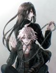  2boys ahoge black_hair black_pants black_suit chain chained collar collarbone commentary_request danganronpa from_behind grey_background grey_shirt hinata_hajime hood jacket komaeda_nagito layered_sleeves long_hair long_sleeves looking_at_viewer looking_back lower_teeth male_focus multiple_boys open_clothes open_jacket open_mouth pants red_eyes sakuyu shirt sitting smile super_danganronpa_2 upper_teeth white_hair white_shirt 
