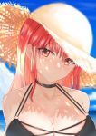  1girl bangs bare_shoulders beach bikini black_bikini black_choker blue_sky blush breasts choker cleavage cloud cloudy_sky collarbone commentary_request day face frown hair_behind_ear hat highres hikashou long_hair looking_at_viewer ocean original red_eyes red_hair sky solo straw_hat swimsuit upper_body water 