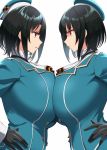 2girls black_gloves black_hair breast_contest breast_press breasts dual_persona face-to-face gloves hands_on_hips hat highres huge_breasts kantai_collection kloah multiple_girls red_eyes takao_(kantai_collection) time_paradox white_background 
