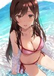  1girl bangs bare_shoulders beach bikini blush breasts brown_eyes brown_hair cleavage collarbone hews_hack highres kanojo_okarishimasu large_breasts long_hair long_sleeves looking_at_viewer mizuhara_chizuru navel ocean off_shoulder open_clothes open_mouth open_shirt pink_bikini shore sitting swimsuit thighs wet 