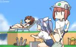  3girls ? bikini bikini_bottom bikini_under_clothes blue_hair blue_sky blue_swimsuit bottle brown_eyes cactus chair character_request cloud commentary_request crossover dated day detonator fang hair_ribbon hamu_koutarou hardhat helmet highres i-19_(kantai_collection) kantai_collection long_hair lounge_chair lying multiple_girls open_mouth outdoors plunger red_hair red_sarong ribbon sarong school_swimsuit shirt short_hair side-tie_bikini skin_fang sky smile sunglasses swimsuit swimsuit_under_clothes t-shirt tied_shirt torpedo tri_tails water waterfall white_bikini white_shirt yamato_(kantai_collection) z3_max_schultz_(kantai_collection) 