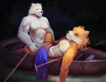  4_fingers absurd_res anthro blue_eyes boat canid canine cloudcat digital_media_(artwork) digital_painting_(artwork) duo fingers fox fur hi_res looking_at_another lying male male/male mammal mostly_nude muscular muscular_male navel nude oar on_back vehicle watercraft white_body white_fur 