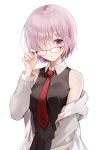  1girl bare_shoulders black-framed_eyewear black_dress breasts dress fate/grand_order fate_(series) glasses grey_jacket hair_over_one_eye hand_on_eyewear hand_up highres jacket lavender_hair long_sleeves mash_kyrielight medium_breasts necktie off_shoulder open_clothes open_jacket parted_lips purple_eyes short_hair simple_background sleeveless sleeveless_dress solo upper_body weri white_background wing_collar 