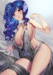  1girl azur_lane bangs bare_shoulders blue_hair blush breasts cleavage collarbone dress earrings evening_gown hair_ornament hairclip halter_dress jewelry large_breasts long_hair looking_at_viewer necklace parted_lips pink_eyes plunging_neckline side_ponytail sideboob sidelocks silver_dress smile sparkle st._louis_(azur_lane) st._louis_(luxurious_wheels)_(azur_lane) thighs yoshimoto_(dear_life) 